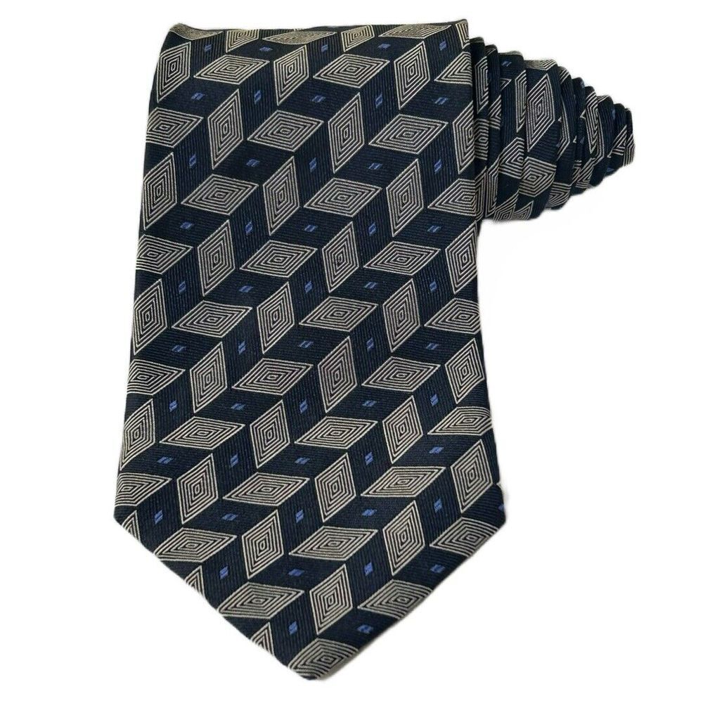 Ralph Lauren 100% Silk Made By Hand In USA Geometric‎ Blue Pattern Tie 56" X 4"